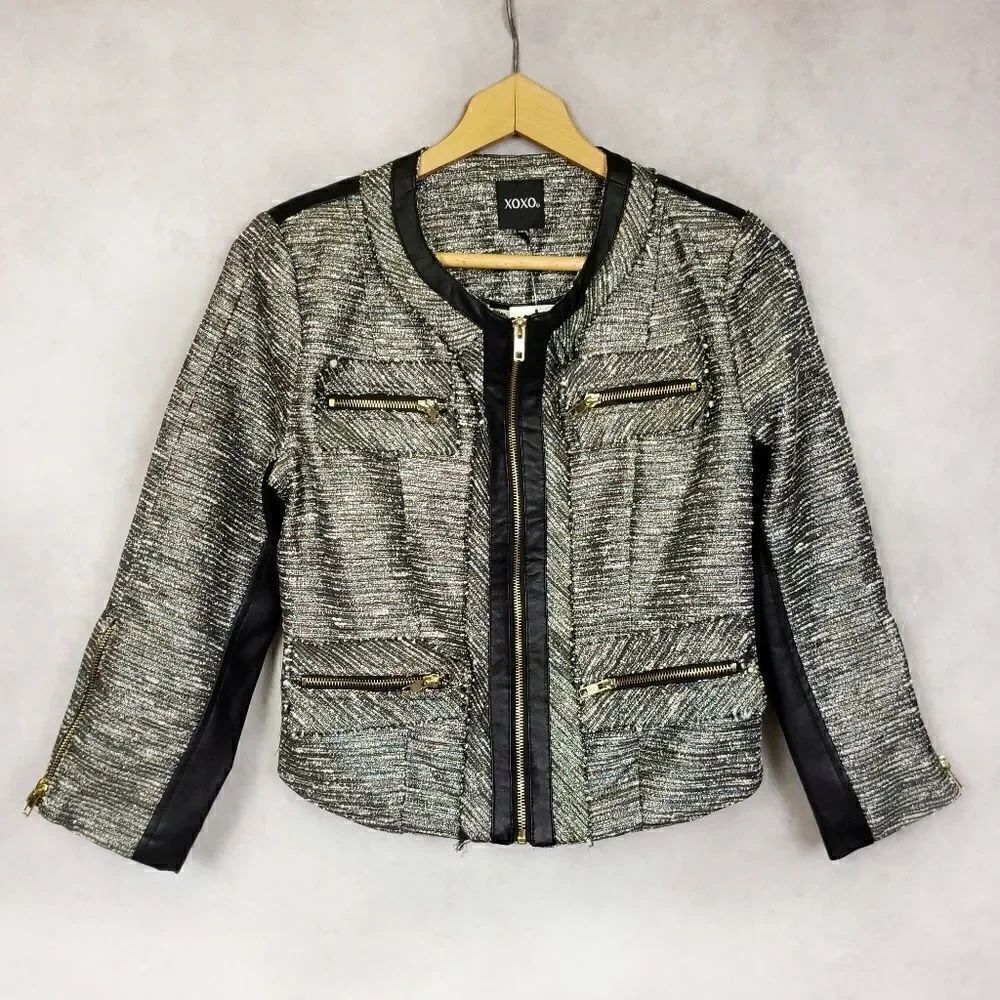 XOXO tweed and leather gray black short blazer M